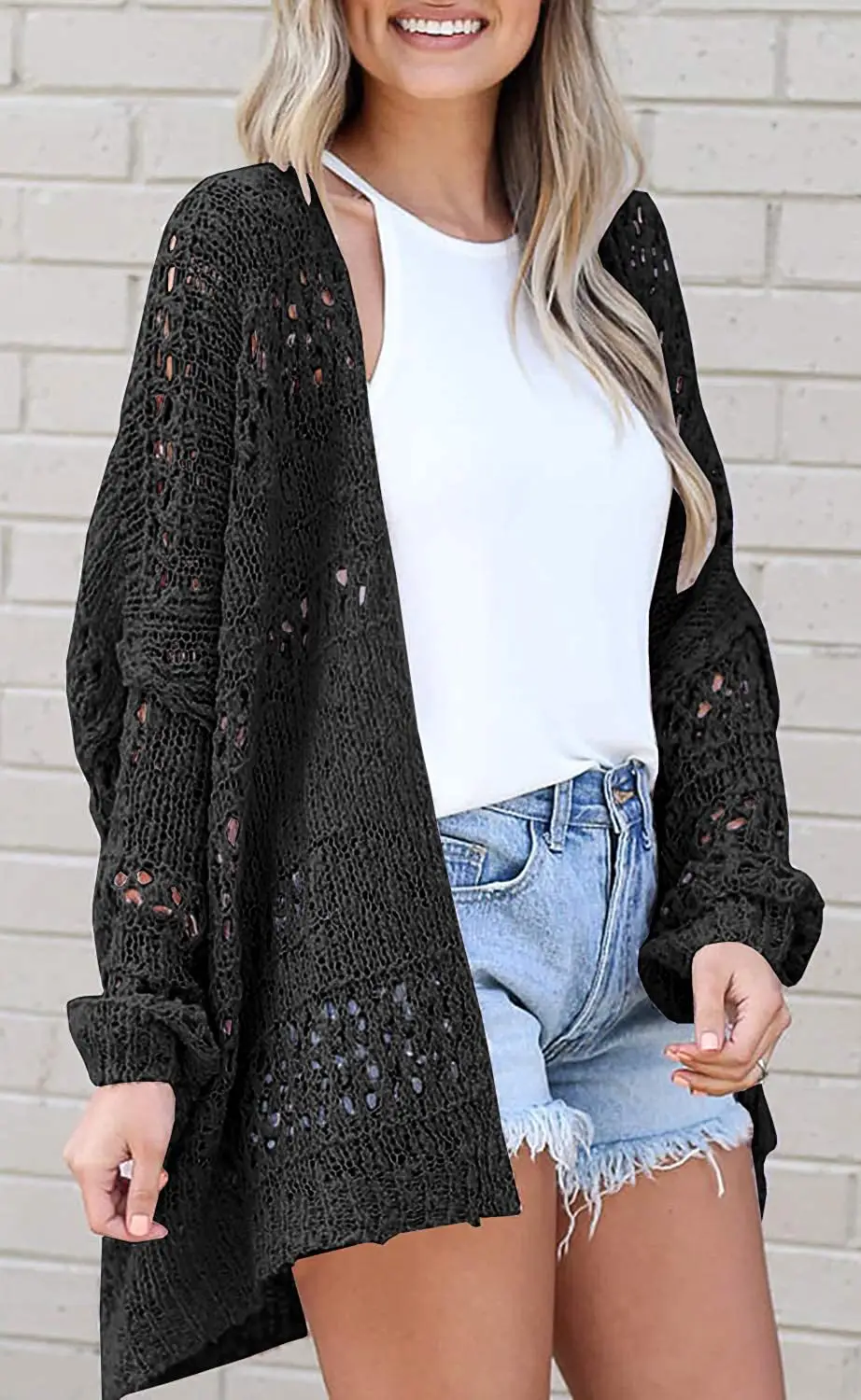 Women's Long Sleeve Hollow Mohair Cardigan Black — feature 12