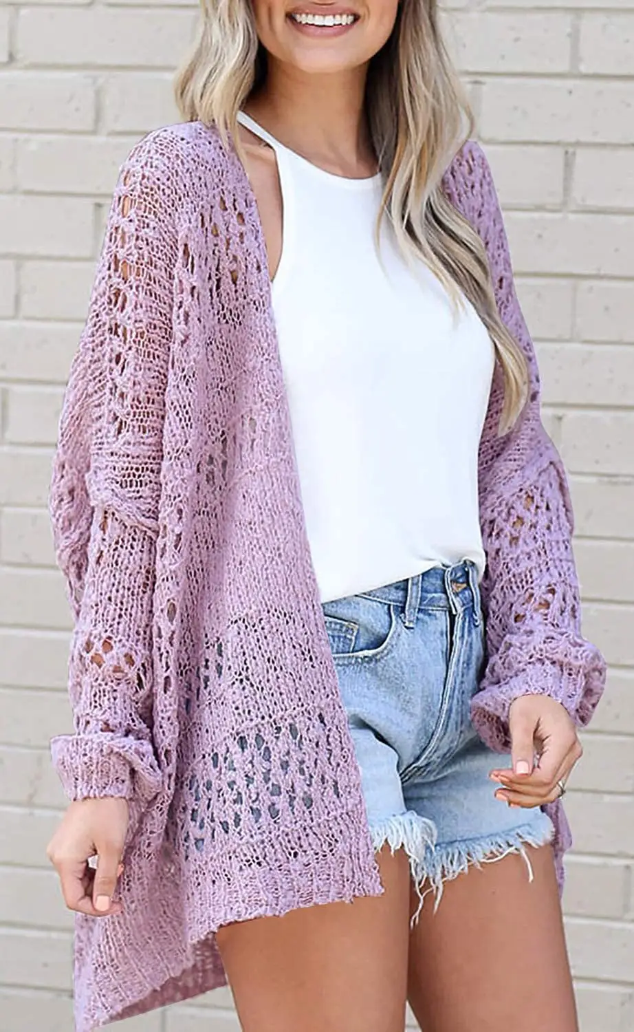 Women's Long Sleeve Hollow Mohair Cardigan Black — feature 15