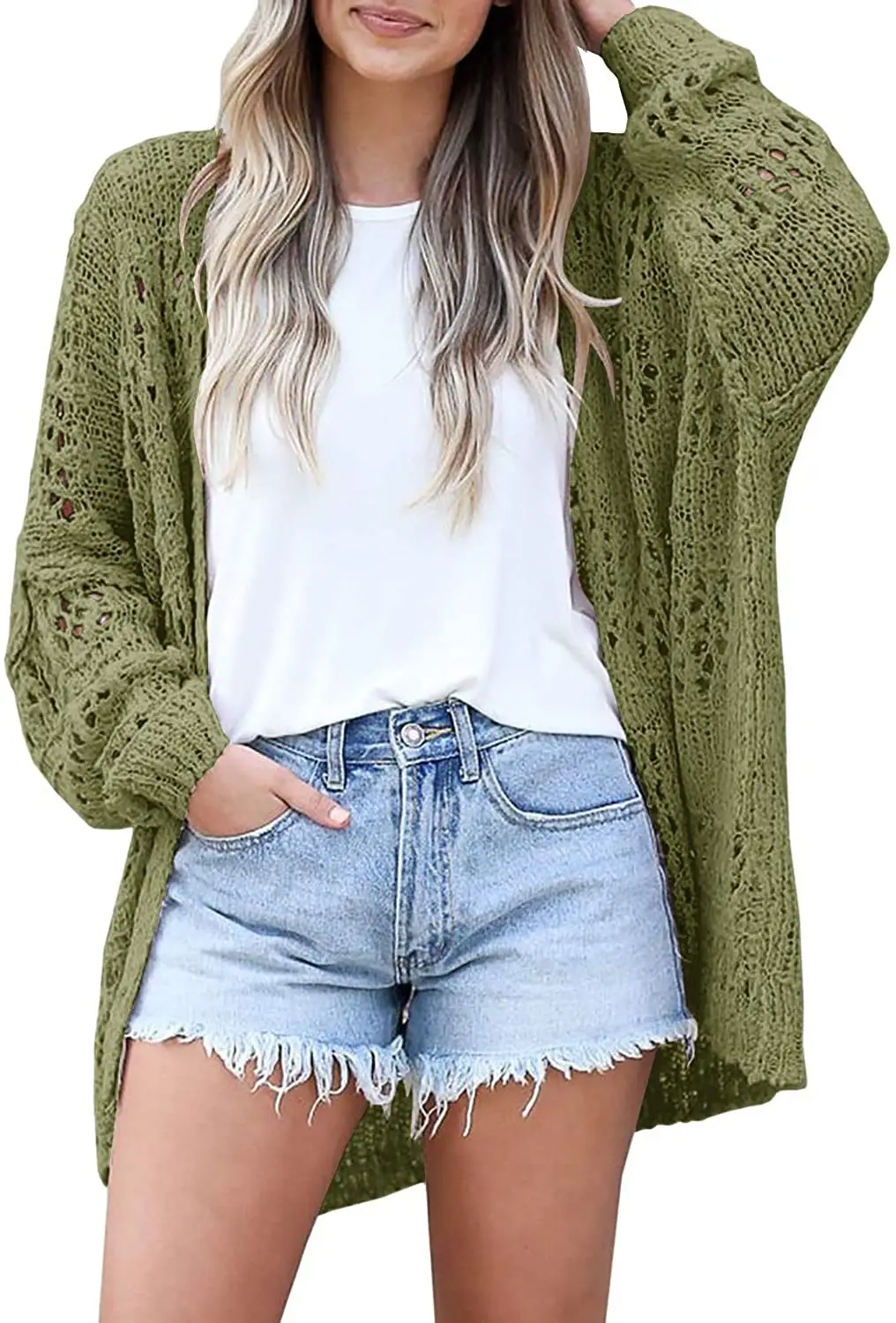 Women's Long Sleeve Hollow Mohair Cardigan Black — feature 6