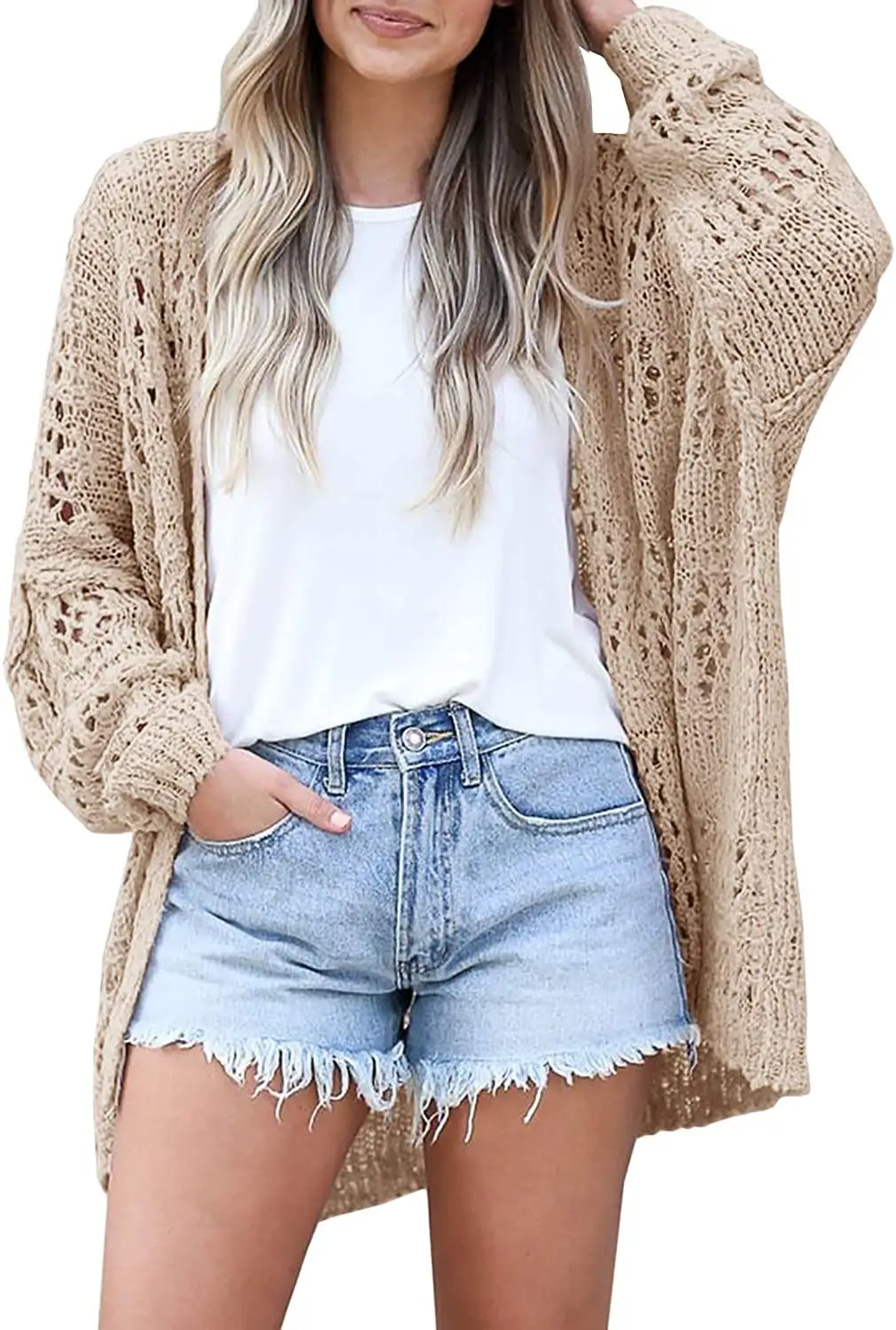 Women's Long Sleeve Hollow Mohair Cardigan Black — feature 8