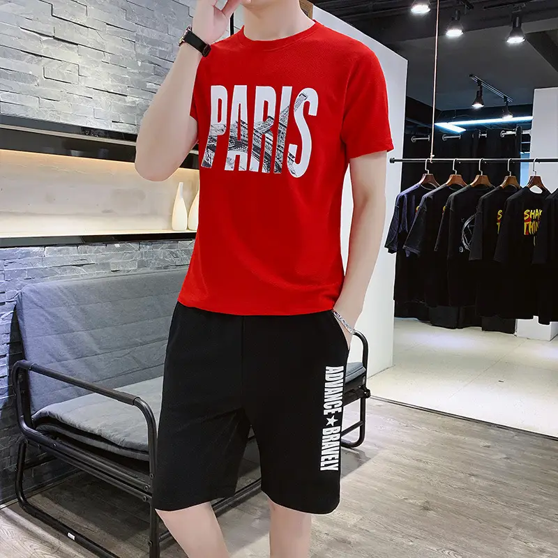 Men Red Paris Print Shorts Set Summer Casual - Image 4