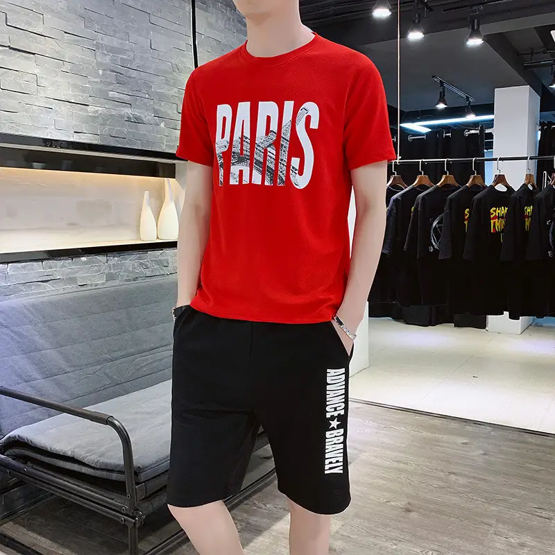 Men Red Paris Print Shorts Set Summer Casual - Image 2