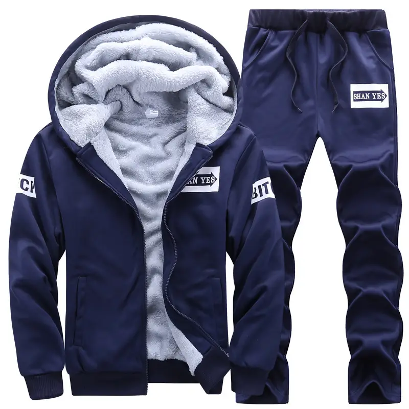 Men's Grey Velvet Hooded Track Suit 2025 Winter
