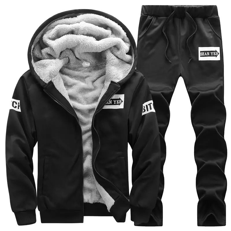 Men's Grey Velvet Hooded Track Suit 2025 Winter