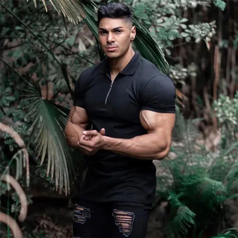 Men's Black Cotton Zipper Polo Shirt Summer - Image 6