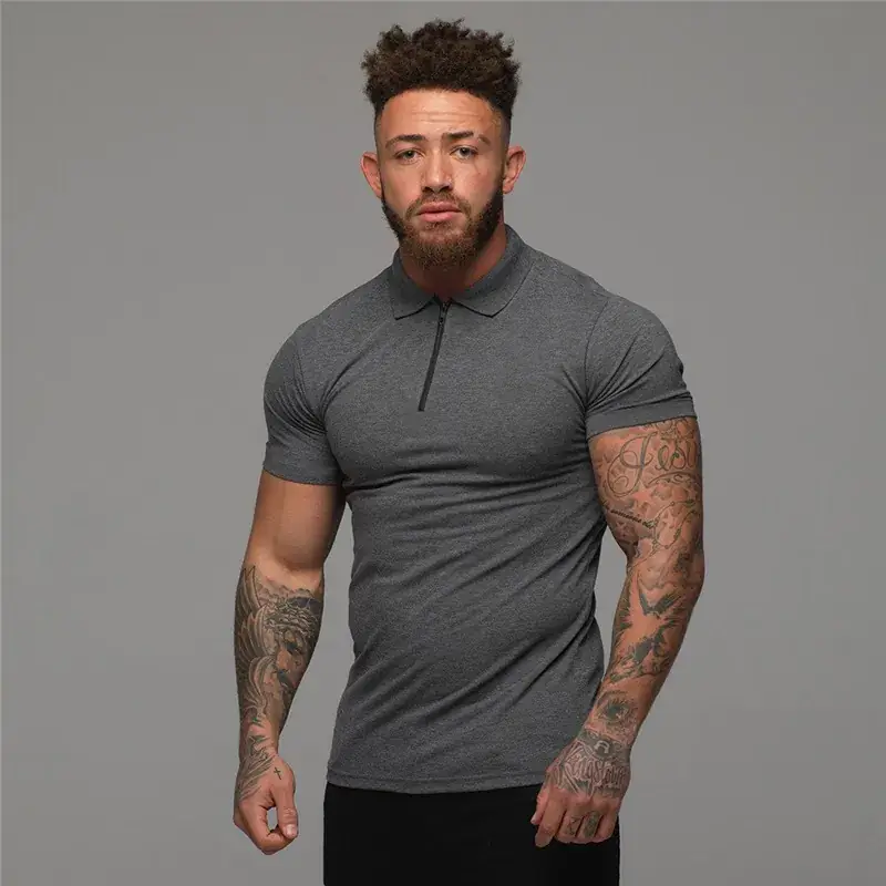 Men's Black Cotton Zipper Polo Shirt Summer - Image 8