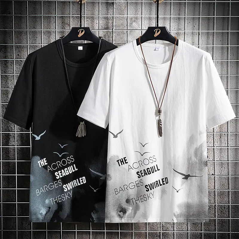 Men Printed Cotton T-Shirt Black White Casual Bottoming - Image 9