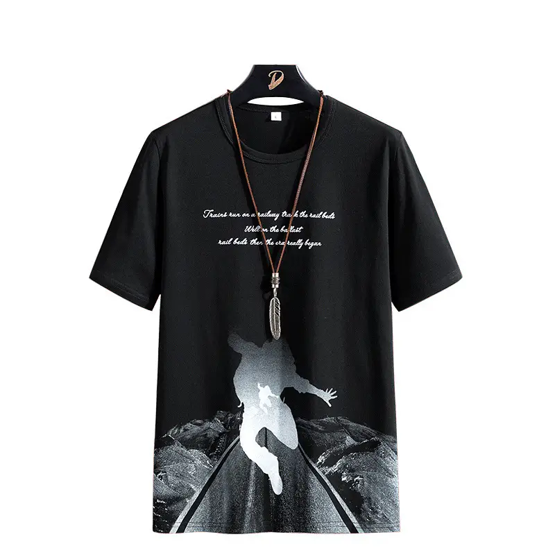 Men Printed Cotton T-Shirt Black White Casual Bottoming - Image 12
