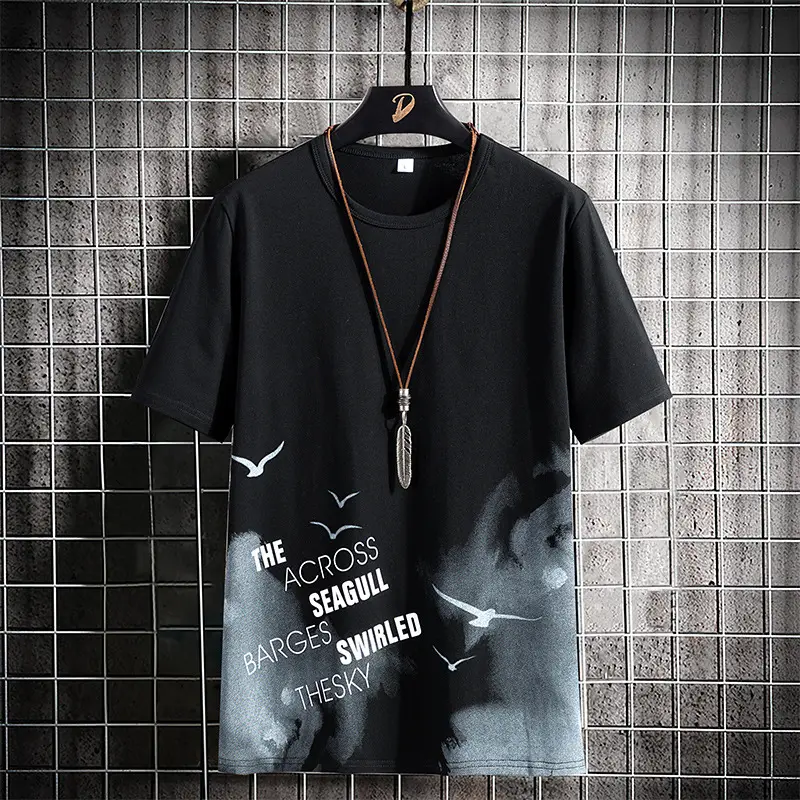 Men Printed Cotton T-Shirt Black White Casual Bottoming - Image 5
