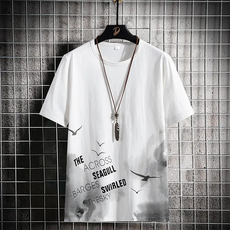 Men Printed Cotton T-Shirt Black White Casual Bottoming - Image 8