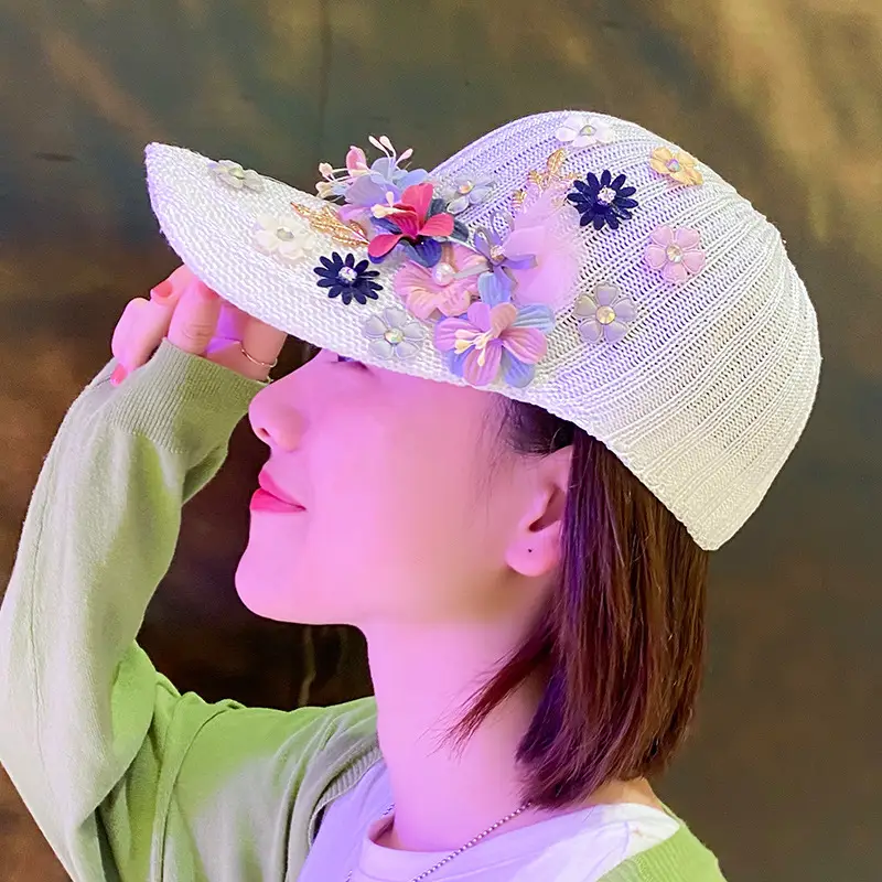 White Knitted Beaded Applique Baseball Cap Sun Hat - Image 5