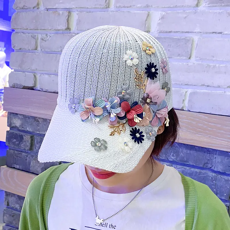 White Knitted Beaded Applique Baseball Cap Sun Hat - Image 6