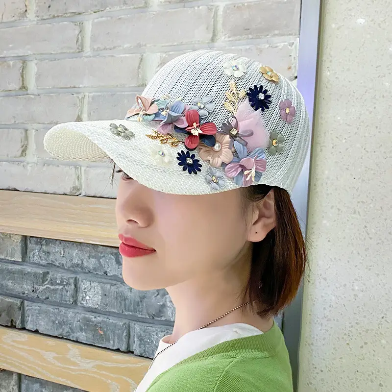 White Knitted Beaded Applique Baseball Cap Sun Hat - Image 7