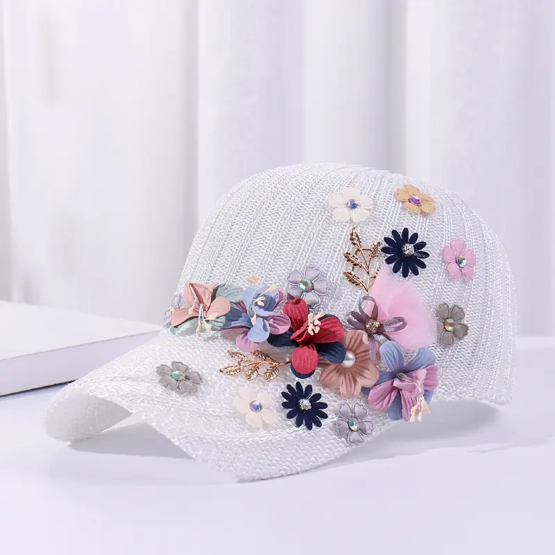 White Knitted Beaded Applique Baseball Cap Sun Hat - Image 8