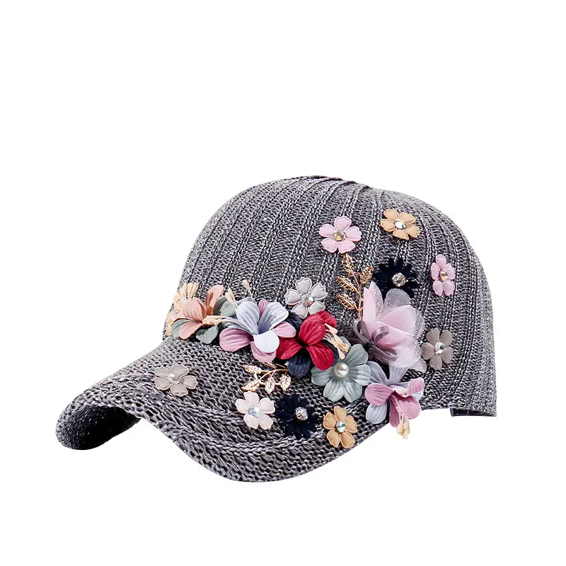 White Knitted Beaded Applique Baseball Cap Sun Hat - Image 9