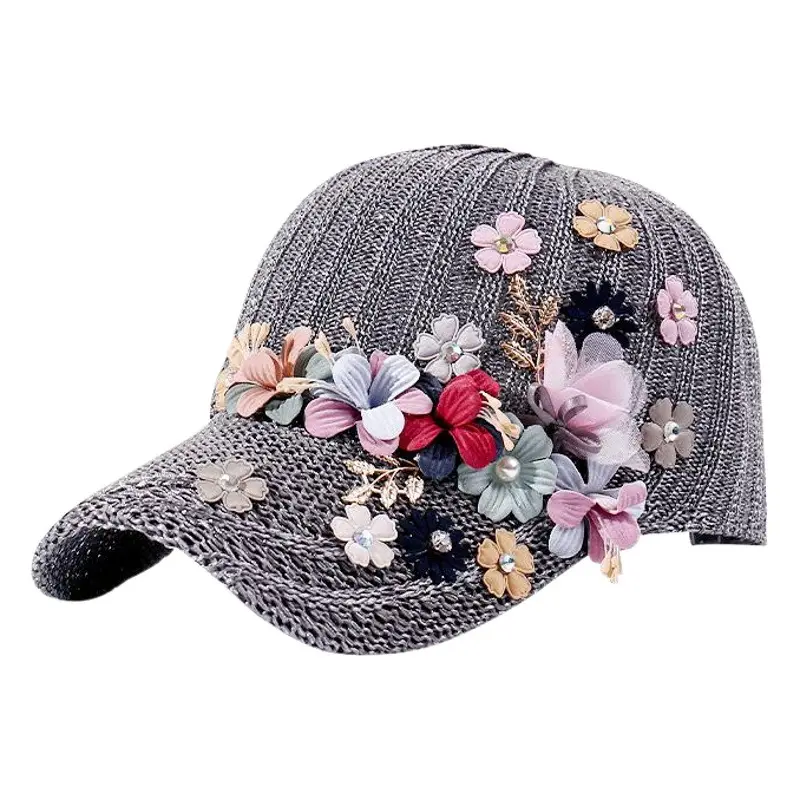White Knitted Beaded Applique Baseball Cap Sun Hat