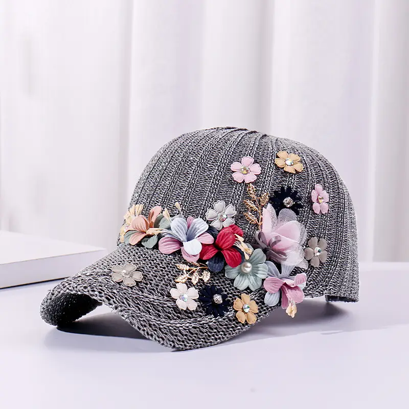 White Knitted Beaded Applique Baseball Cap Sun Hat - Image 3