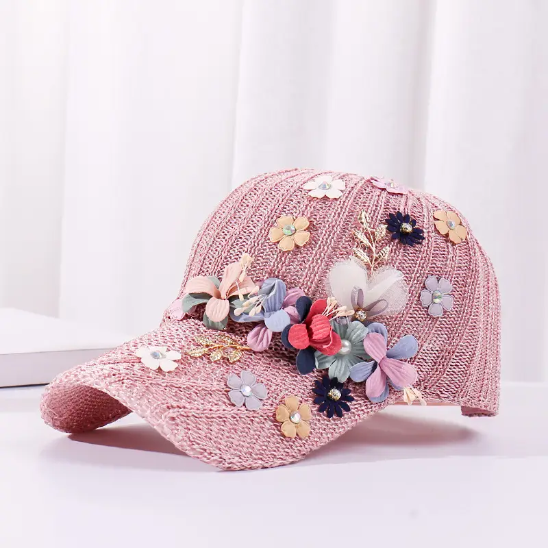 White Knitted Beaded Applique Baseball Cap Sun Hat - Image 4