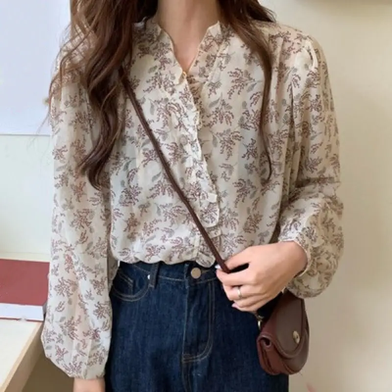 Korean Style Floral Chiffon Long Sleeve Shirt Women - Image 5