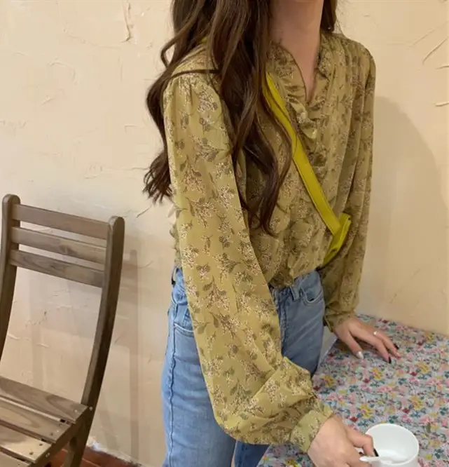 Korean Style Floral Chiffon Long Sleeve Shirt Women - Image 6