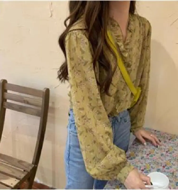 Korean Style Floral Chiffon Long Sleeve Shirt Women - Image 7
