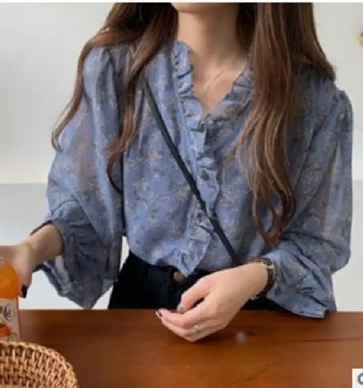 Korean Style Floral Chiffon Long Sleeve Shirt Women - Image 3