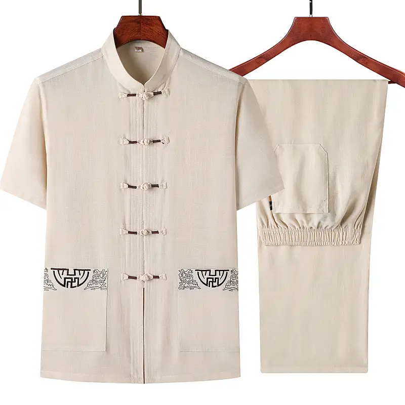 Middle-aged Men's Black Hanfu Short Sleeve Top with Elastic Pants - Image 2