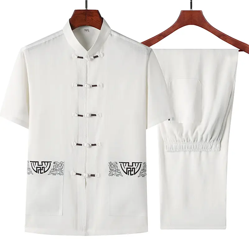 Middle-aged Men's Black Hanfu Short Sleeve Top with Elastic Pants - Image 3