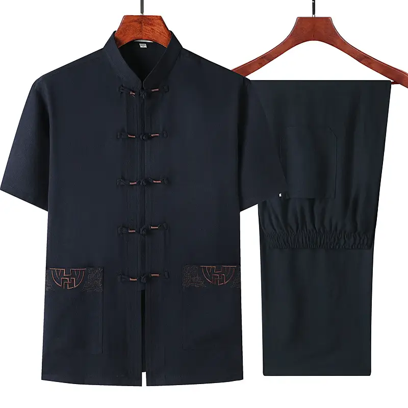 Middle-aged Men's Black Hanfu Short Sleeve Top with Elastic Pants - Image 4