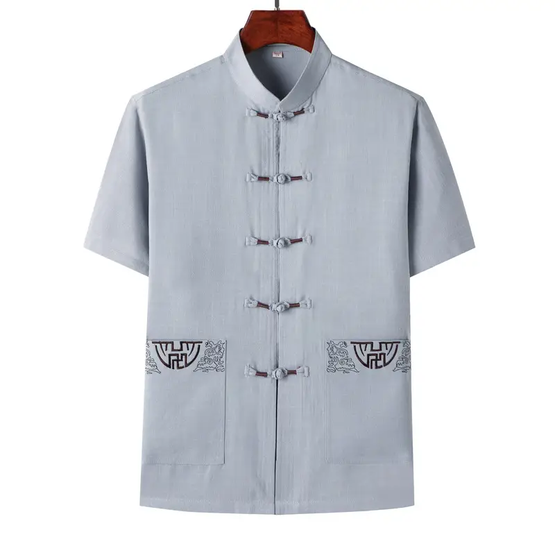 Middle-aged Men's Black Hanfu Short Sleeve Top with Elastic Pants - Image 5