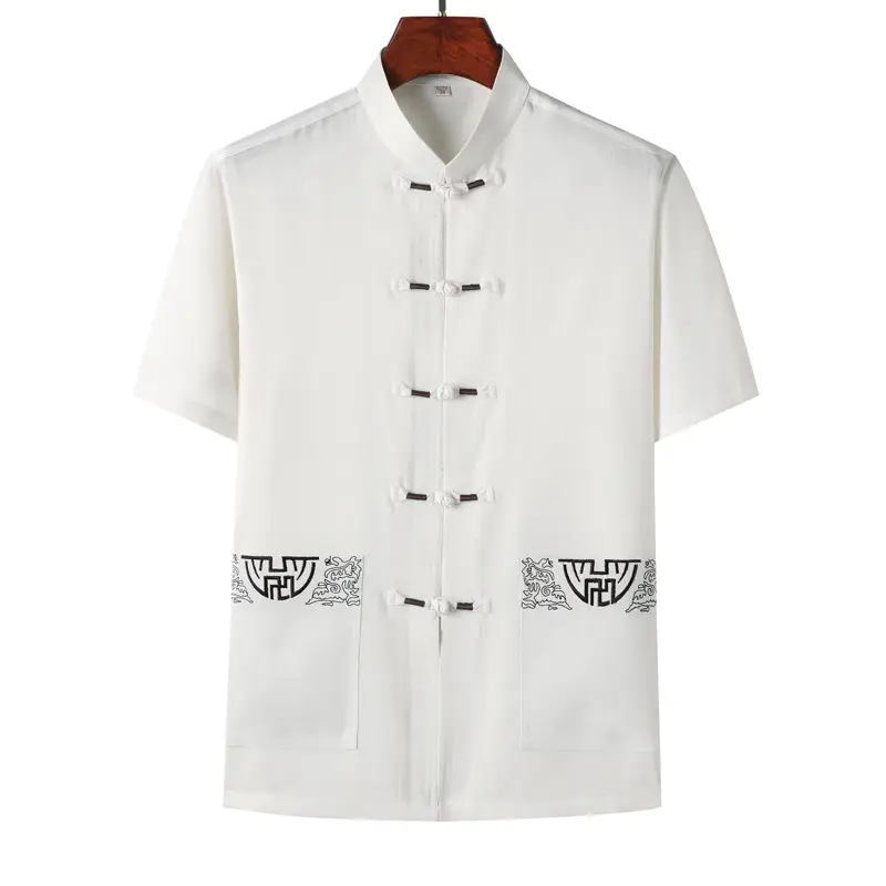 Middle-aged Men's Black Hanfu Short Sleeve Top with Elastic Pants - Image 7