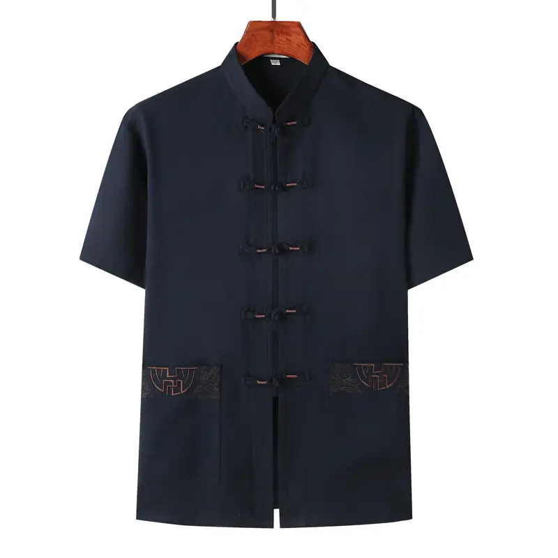 Middle-aged Men's Black Hanfu Short Sleeve Top with Elastic Pants - Image 8