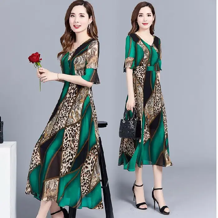 Women's Green Printed Mid-Length Dress Large Size 2023 - Image 3