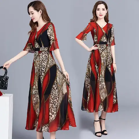 Women's Green Printed Mid-Length Dress Large Size 2023 - Image 4
