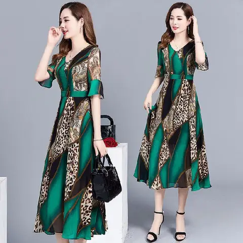 Women's Green Printed Mid-Length Dress Large Size 2023 - Image 5