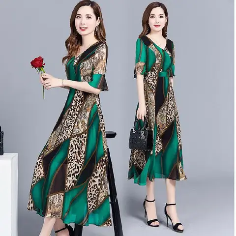 Women's Green Printed Mid-Length Dress Large Size 2023 - Image 6