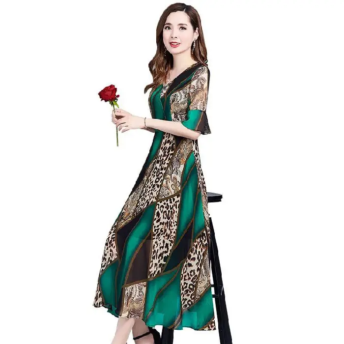 Women's Green Printed Mid-Length Dress Large Size 2023 - Image 7