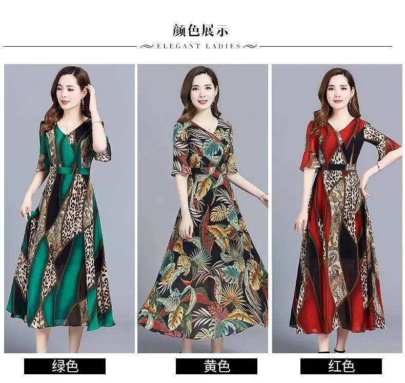 Women's Green Printed Mid-Length Dress Large Size 2023 — feature 3