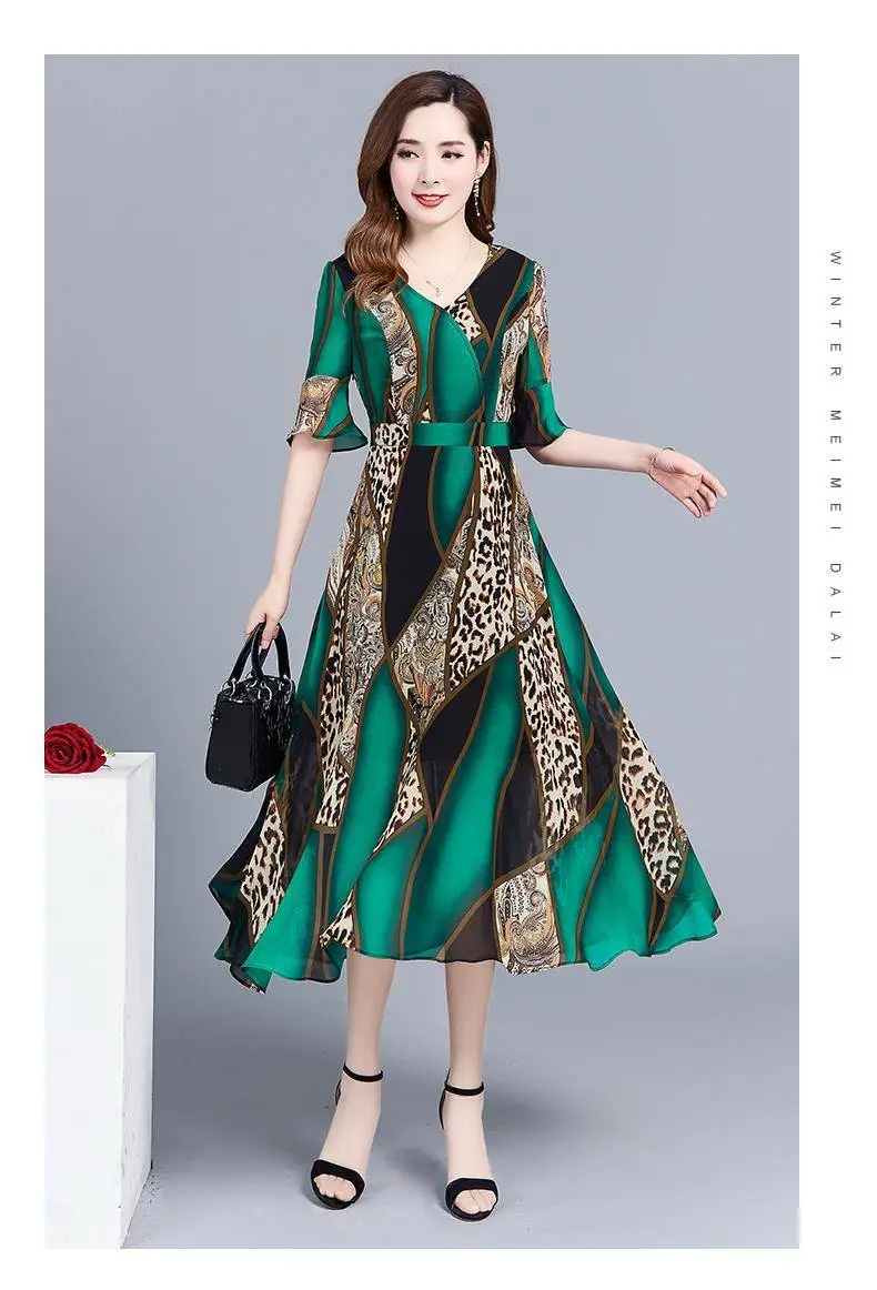 Women's Green Printed Mid-Length Dress Large Size 2023 — feature 5