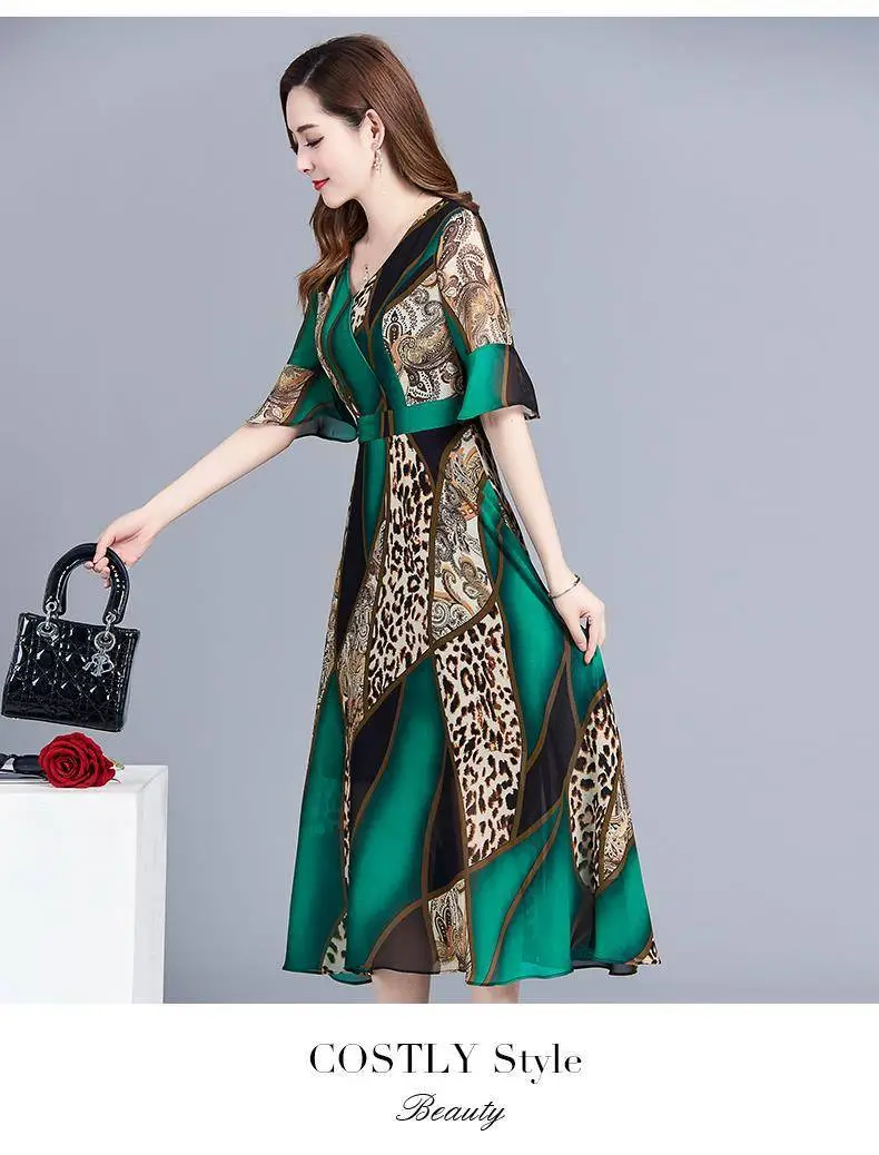 Women's Green Printed Mid-Length Dress Large Size 2023 — feature 6