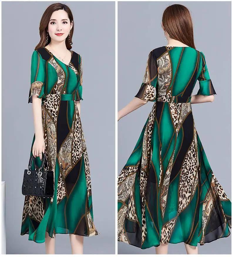 Women's Green Printed Mid-Length Dress Large Size 2023 — feature 7