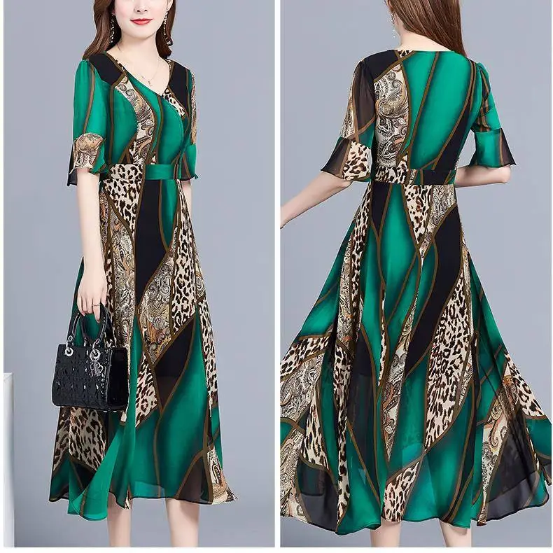 Women's Green Printed Mid-Length Dress Large Size 2023 - Image 2