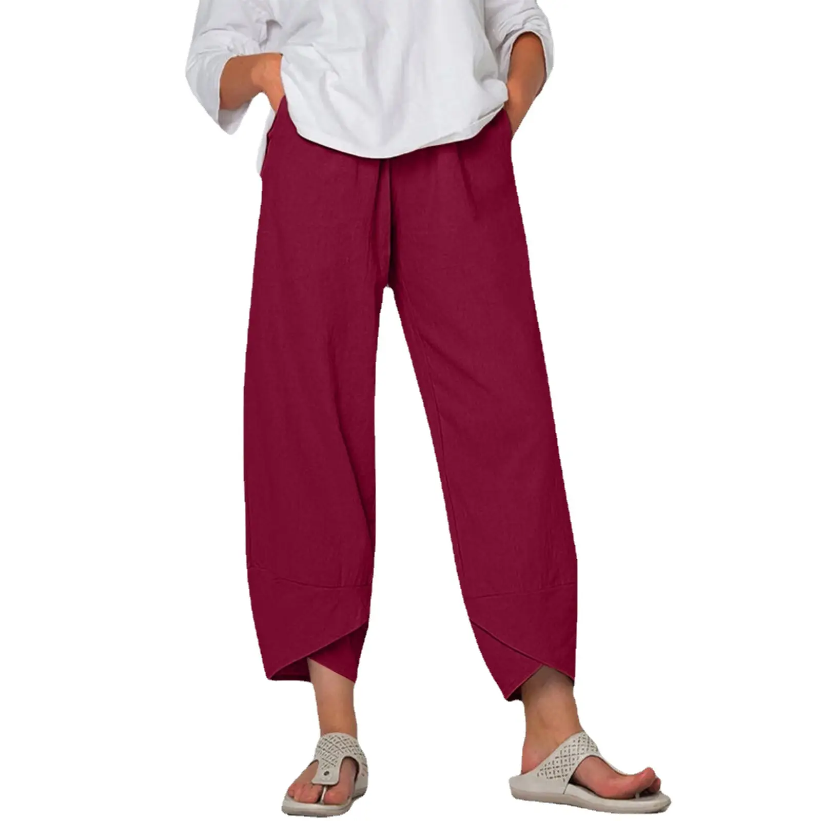 Women's Maroon Loose Fit Casual Pants Large - Image 28