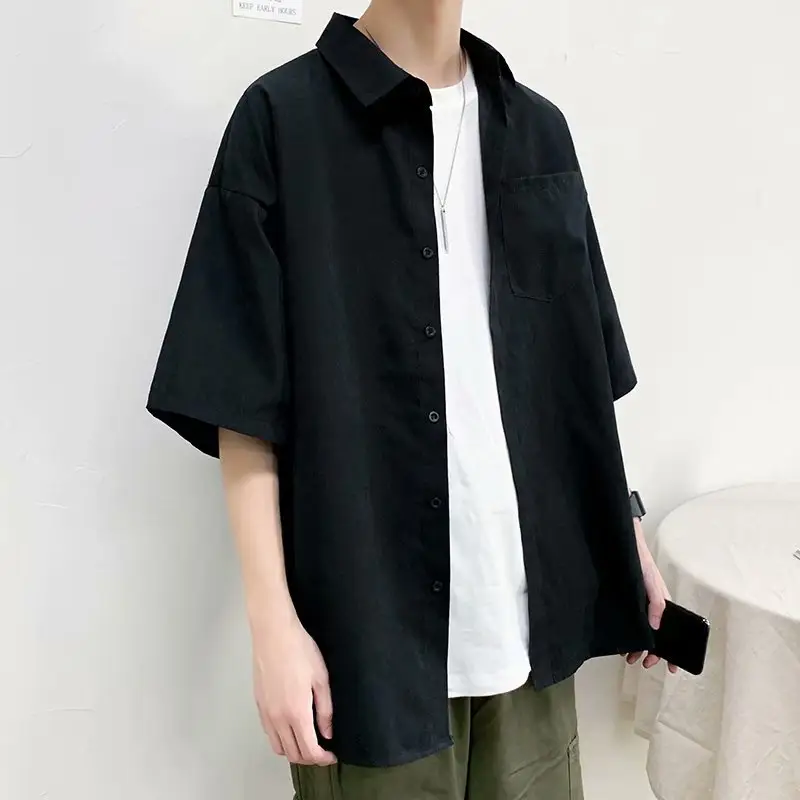 Men's Black Korean Style Short Sleeve Shirt Large