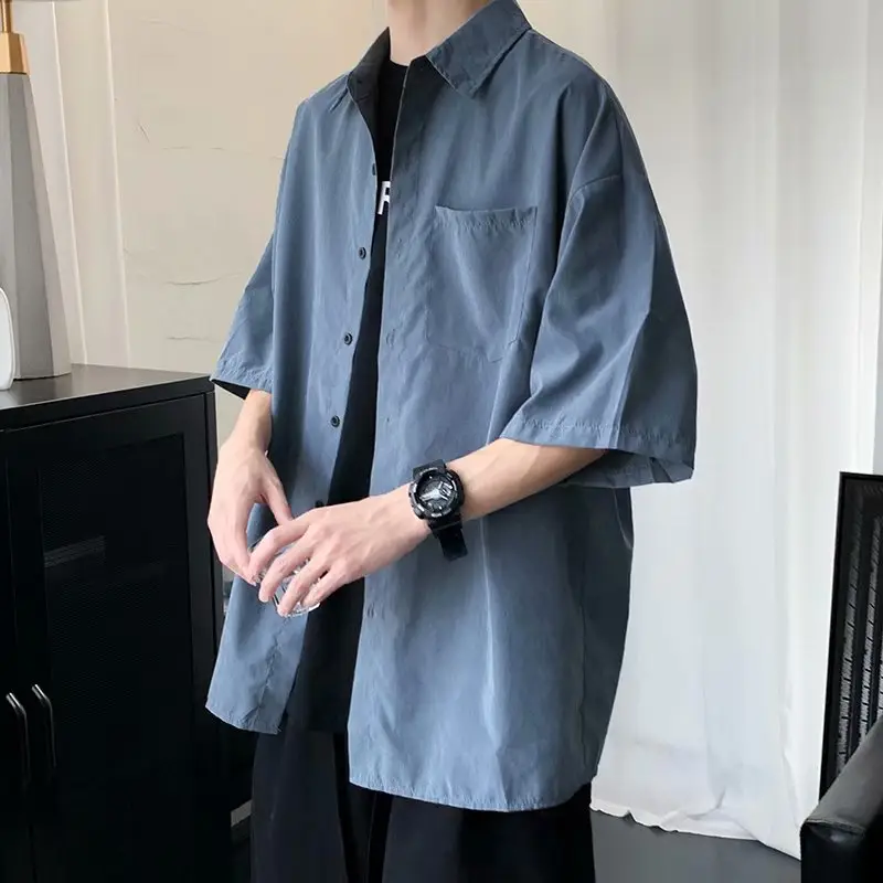 Men's Black Korean Style Short Sleeve Shirt Large