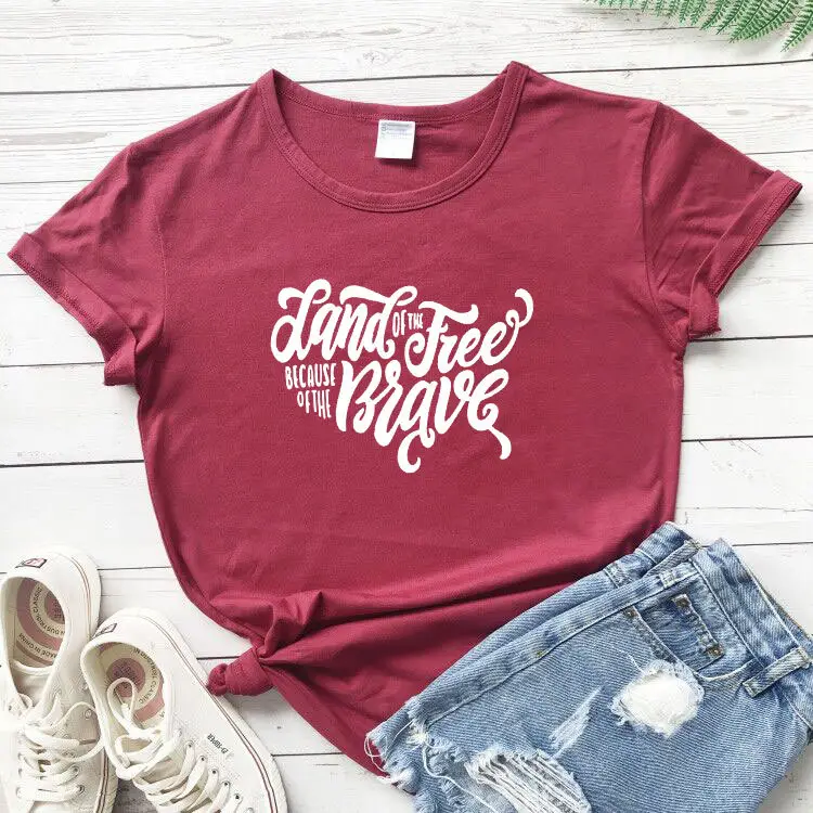 Red T-Shirt "Land That I Love" Cotton Round Neck