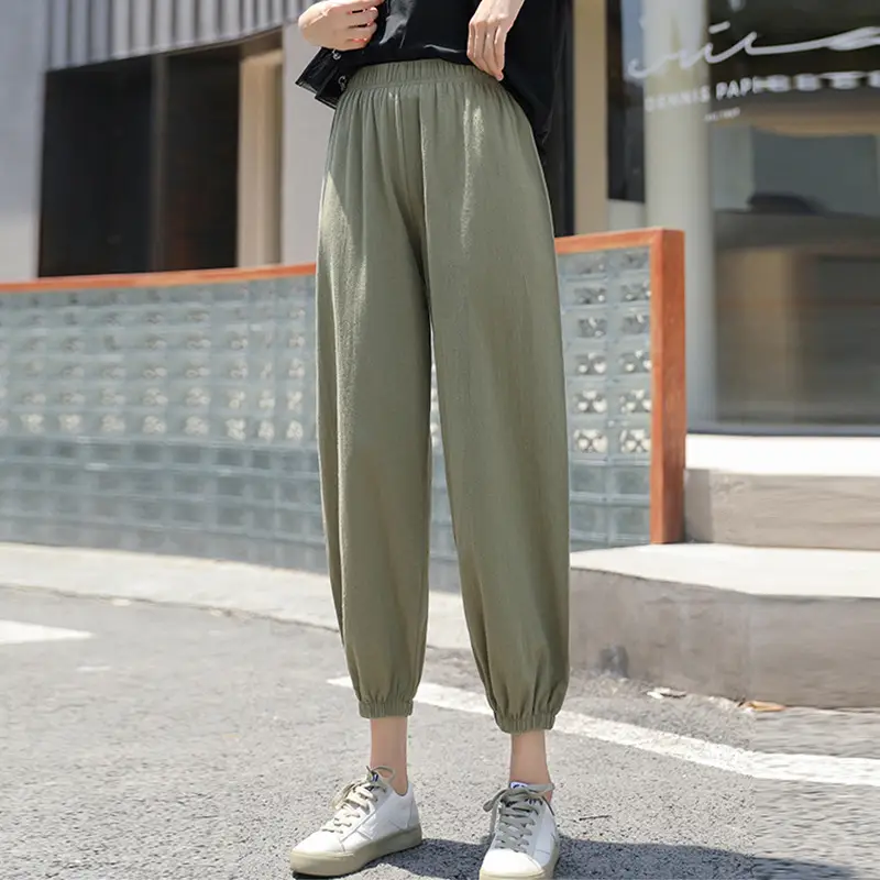 Women Cotton Linen Draping Pants Blue Ankle Length