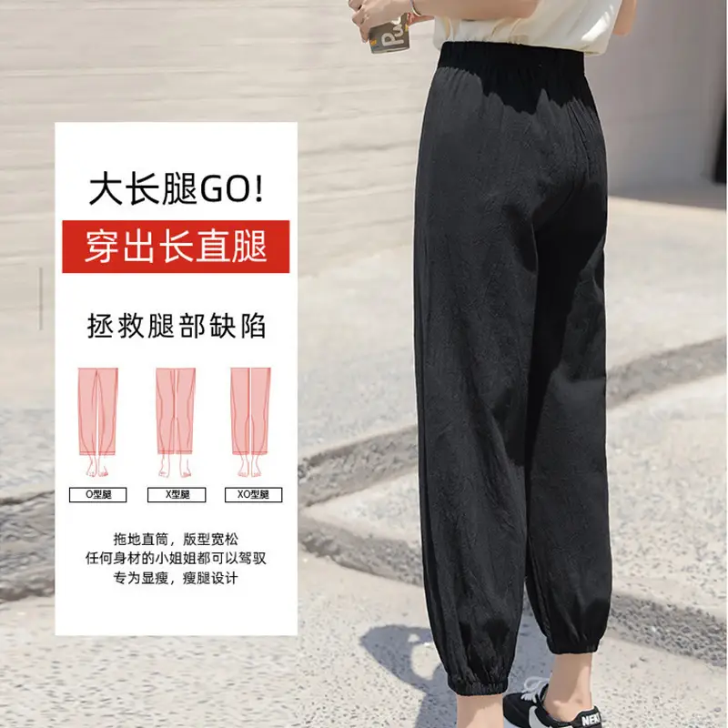 Women Cotton Linen Draping Pants Blue Ankle Length