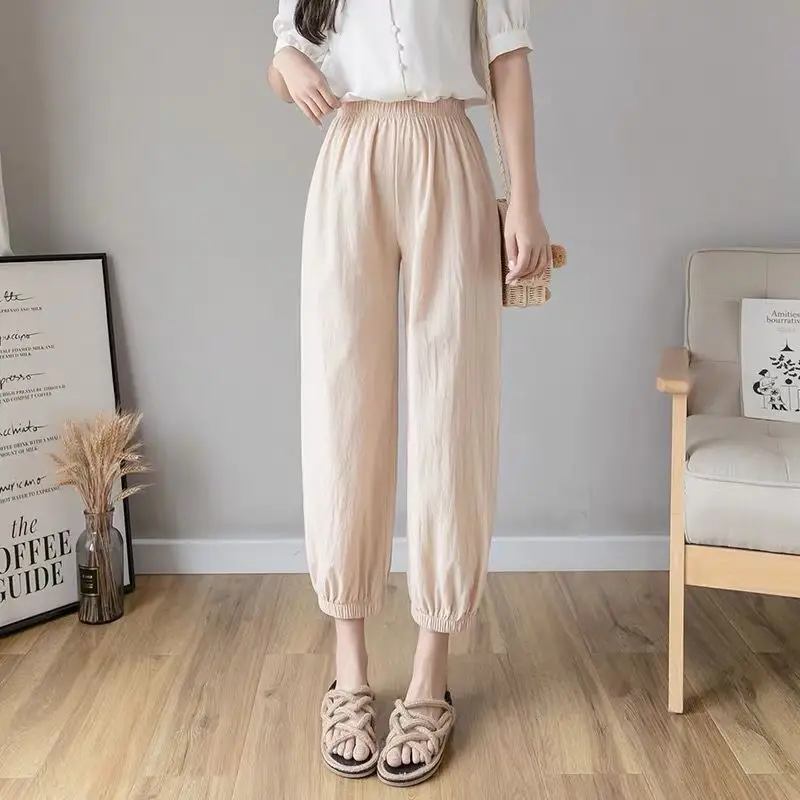 Women Cotton Linen Draping Pants Blue Ankle Length