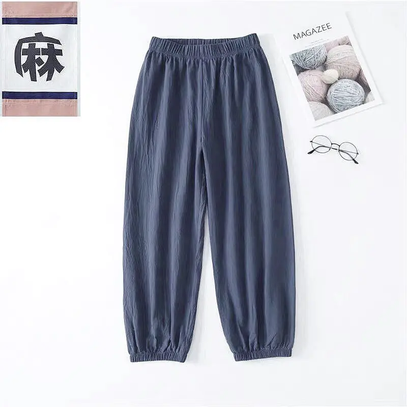 Women Cotton Linen Draping Pants Blue Ankle Length